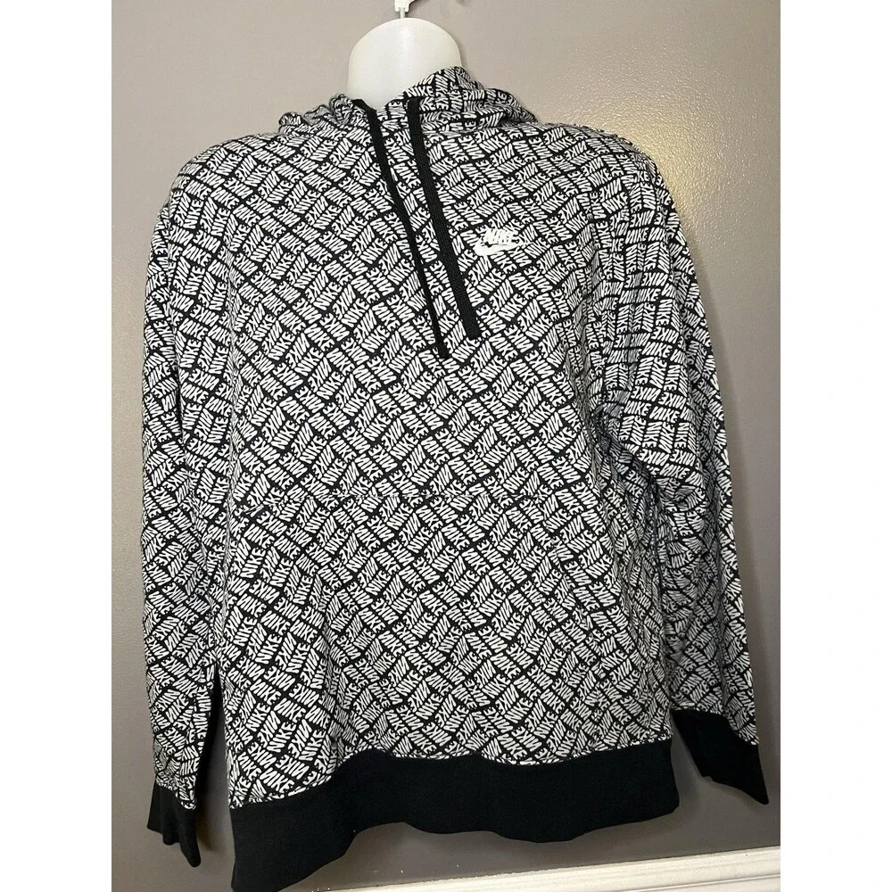 Nike Hoodie Mens Large Black Allover Graphic Logo Fleece Pullover Sweatshirt